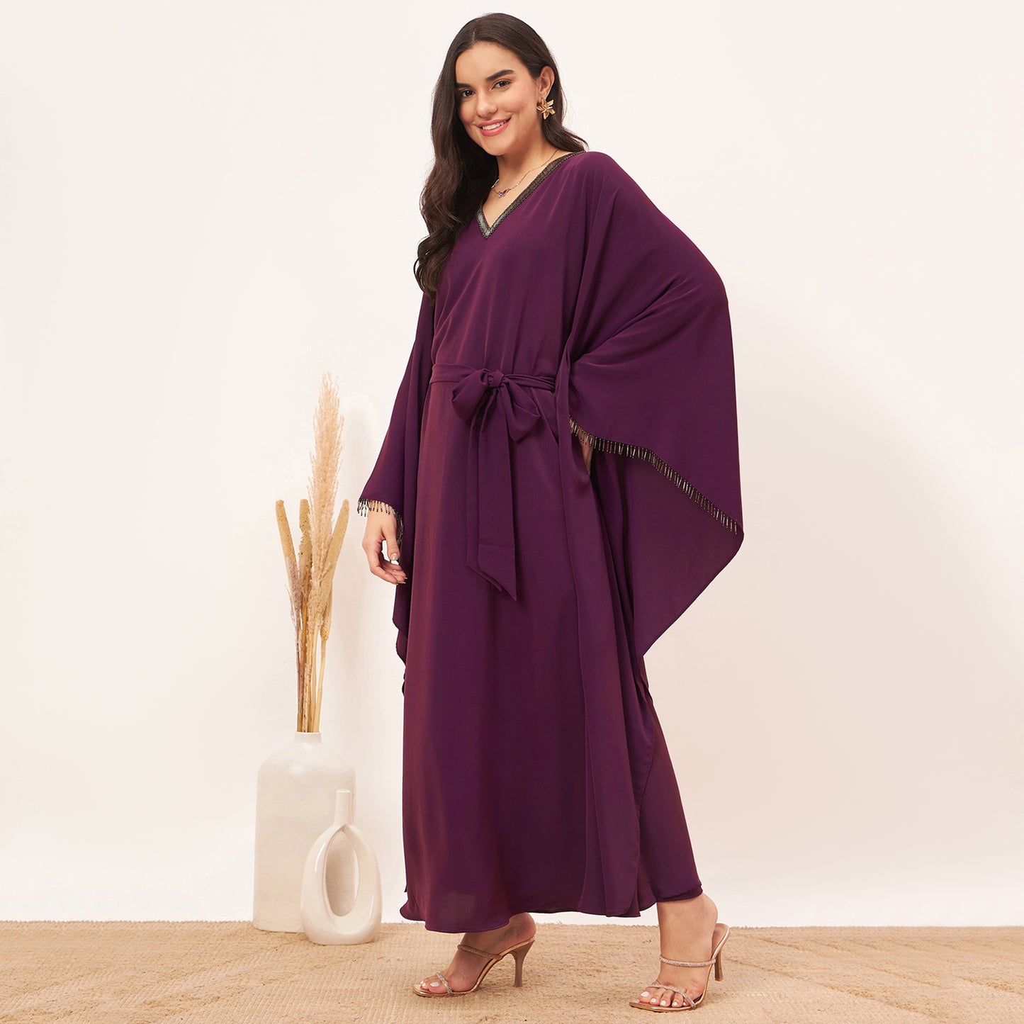 Purple Embroidered Neckline Full Length Kaftan with Belt