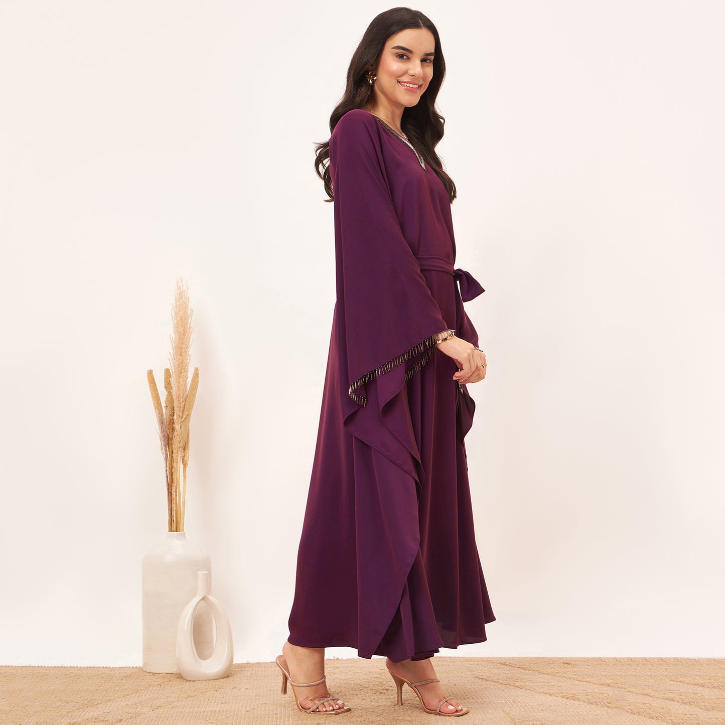 Purple Embroidered Neckline Full Length Kaftan with Belt