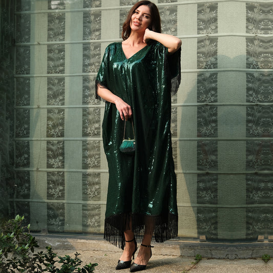 Green Sequin Full Length Kaftan with Fringe Detail