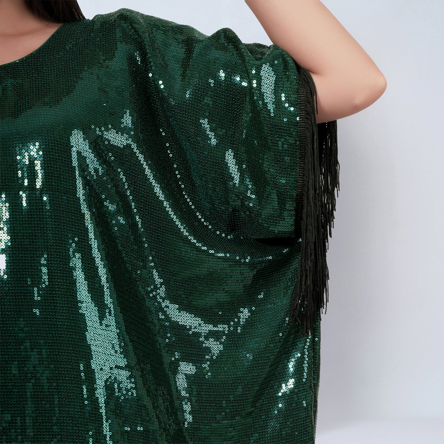 Green Sequin Full Length Kaftan with Fringe Detail