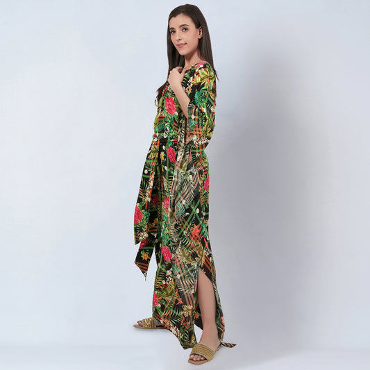 Green and Black Jungle Print Full Length Kaftan