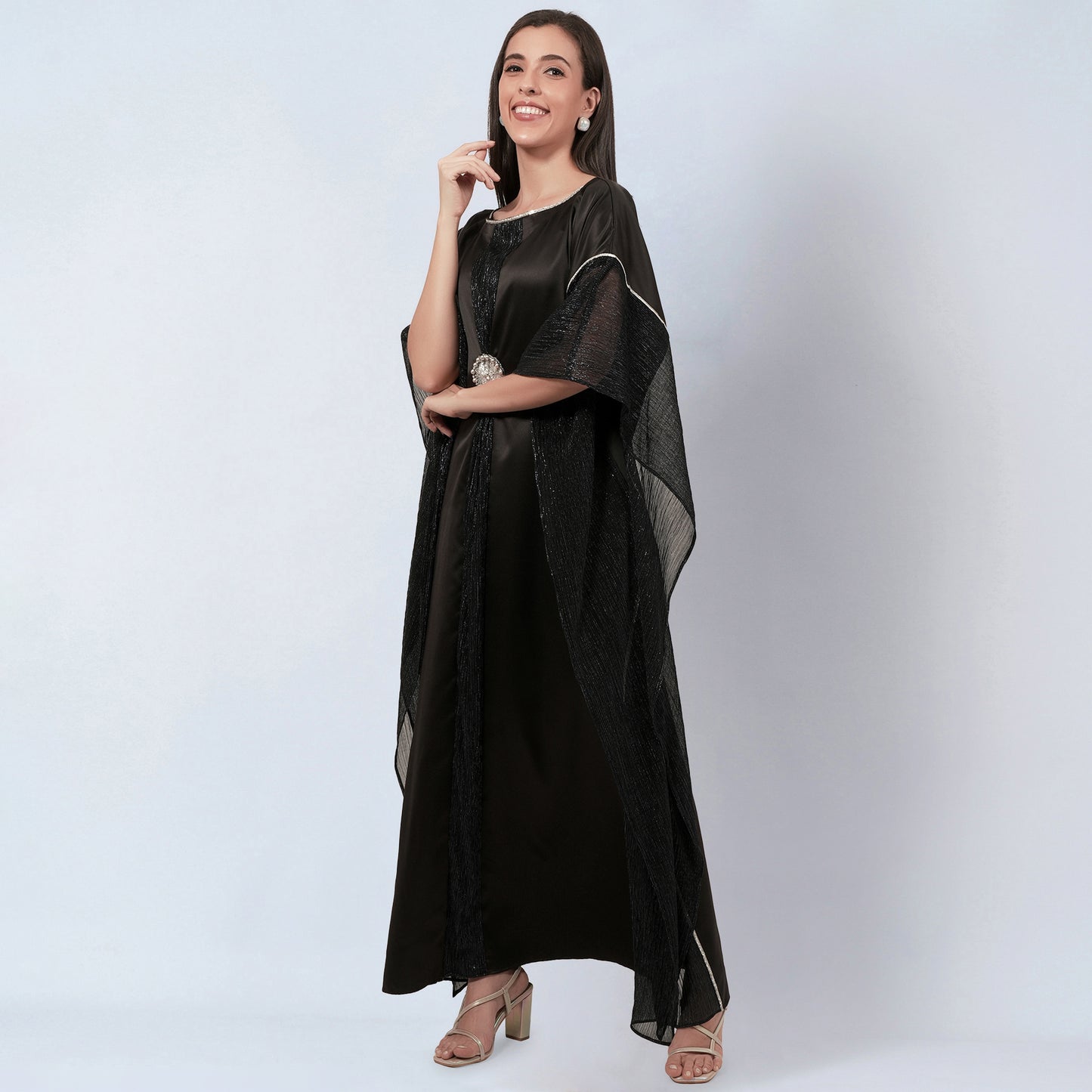 Black Embroidered Motif Full Length Kaftan