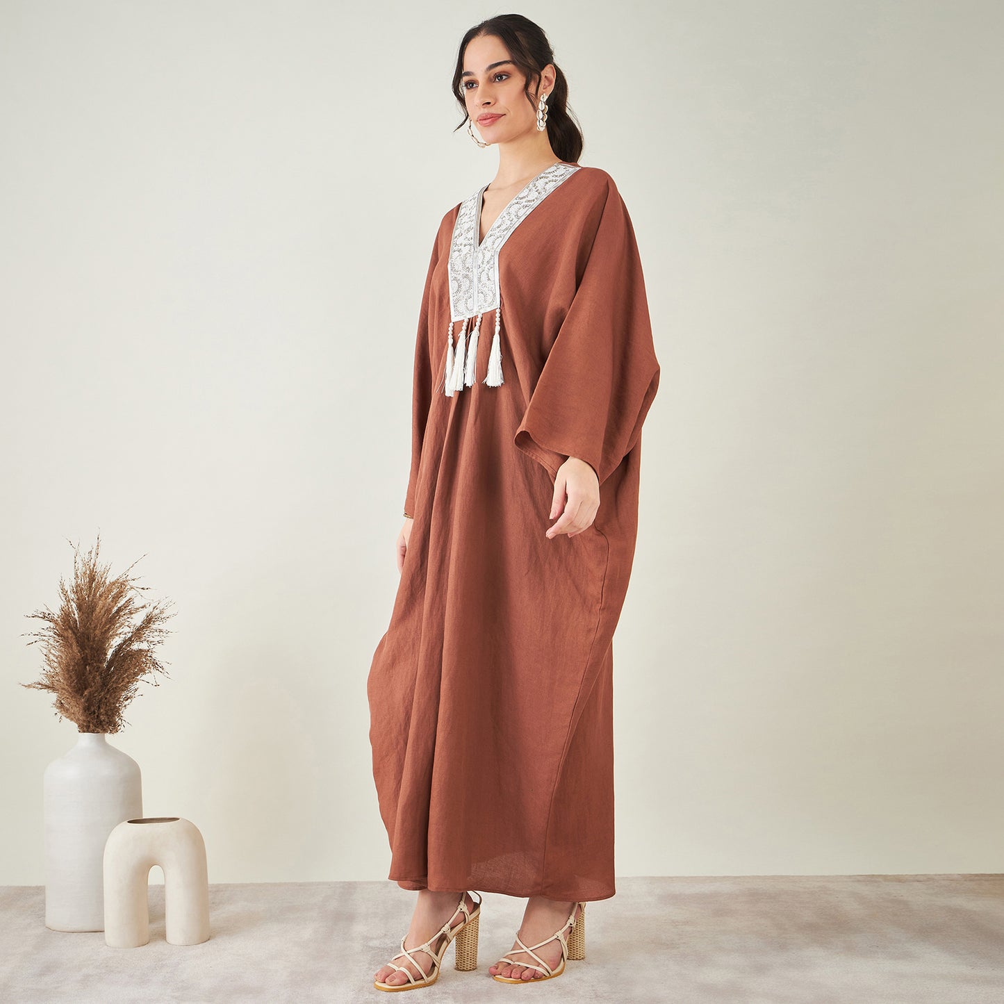 Brown Linen Full Length Kaftan with Tassels Detail
