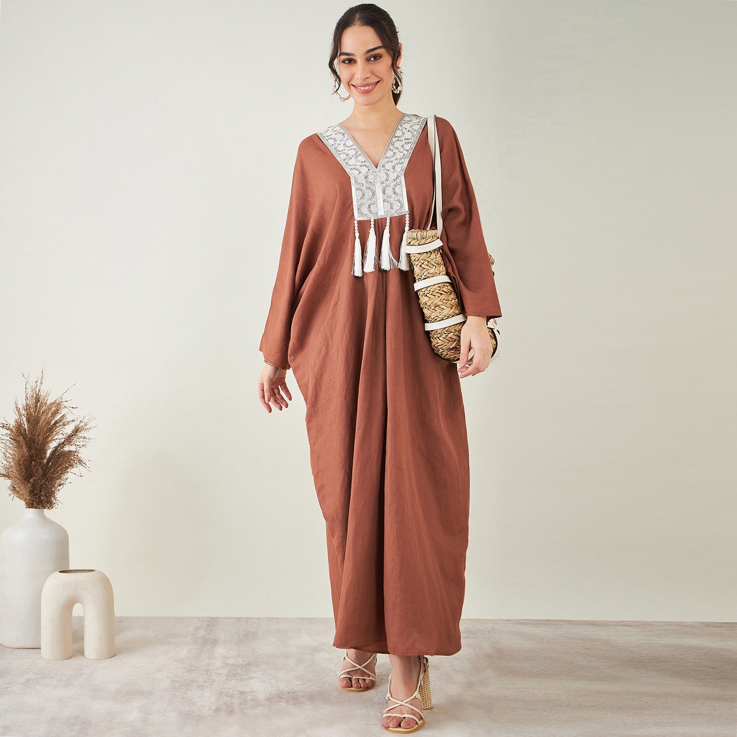 Brown Linen Full Length Kaftan with Tassels Detail
