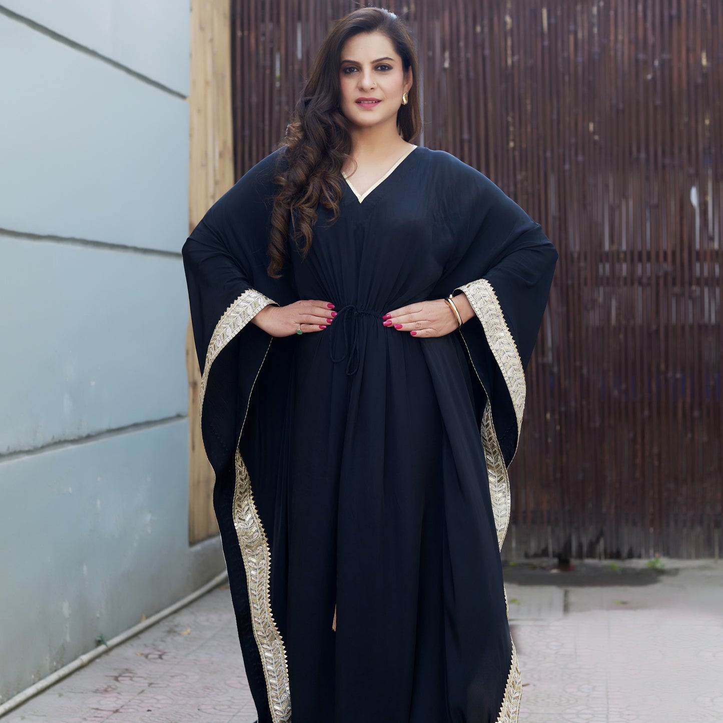 Black Full Length Kaftan with Gold Lace Detail