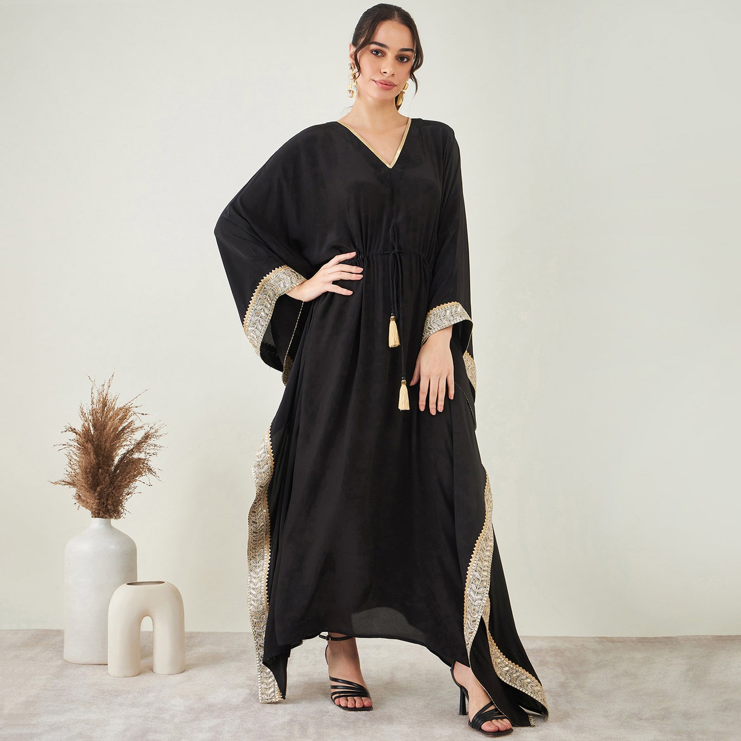 Black Full Length Kaftan with Gold Lace Detail