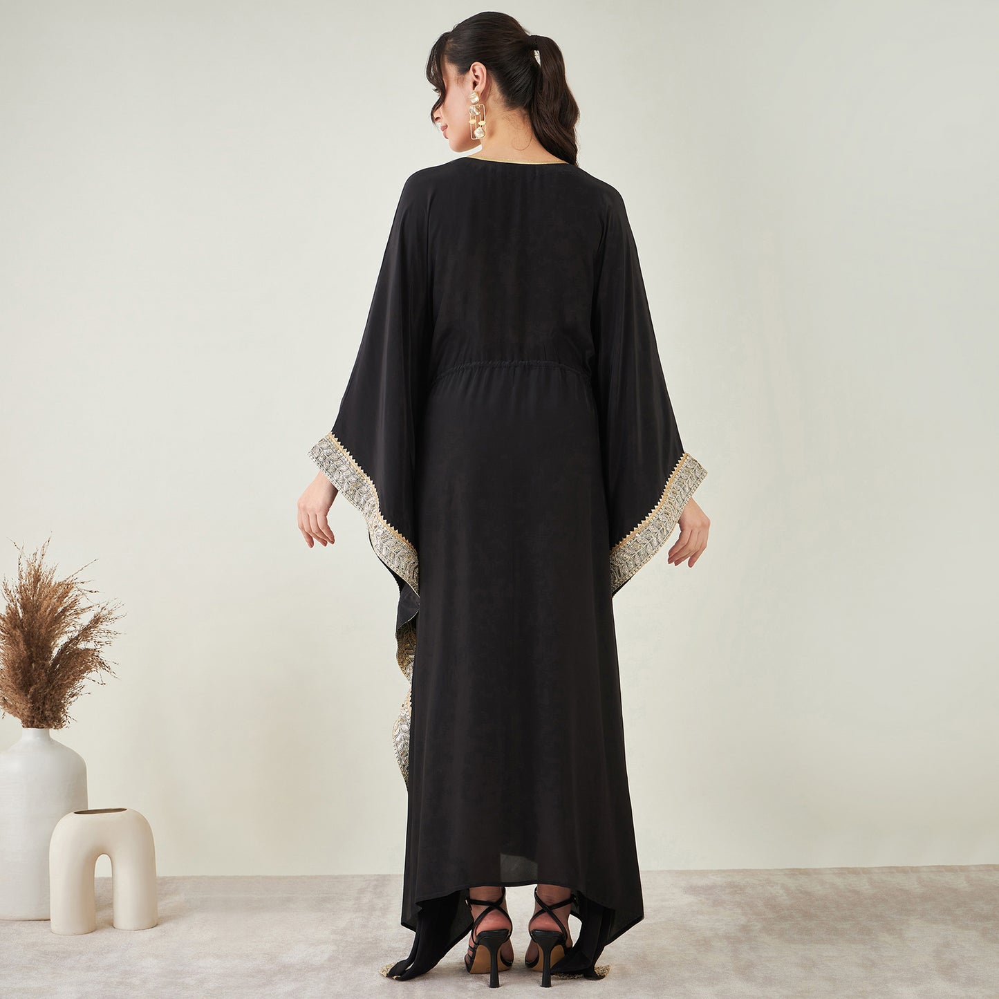 Black Full Length Kaftan with Gold Lace Detail