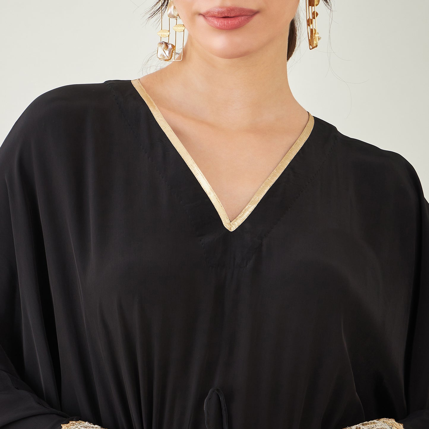 Black Full Length Kaftan with Gold Lace Detail