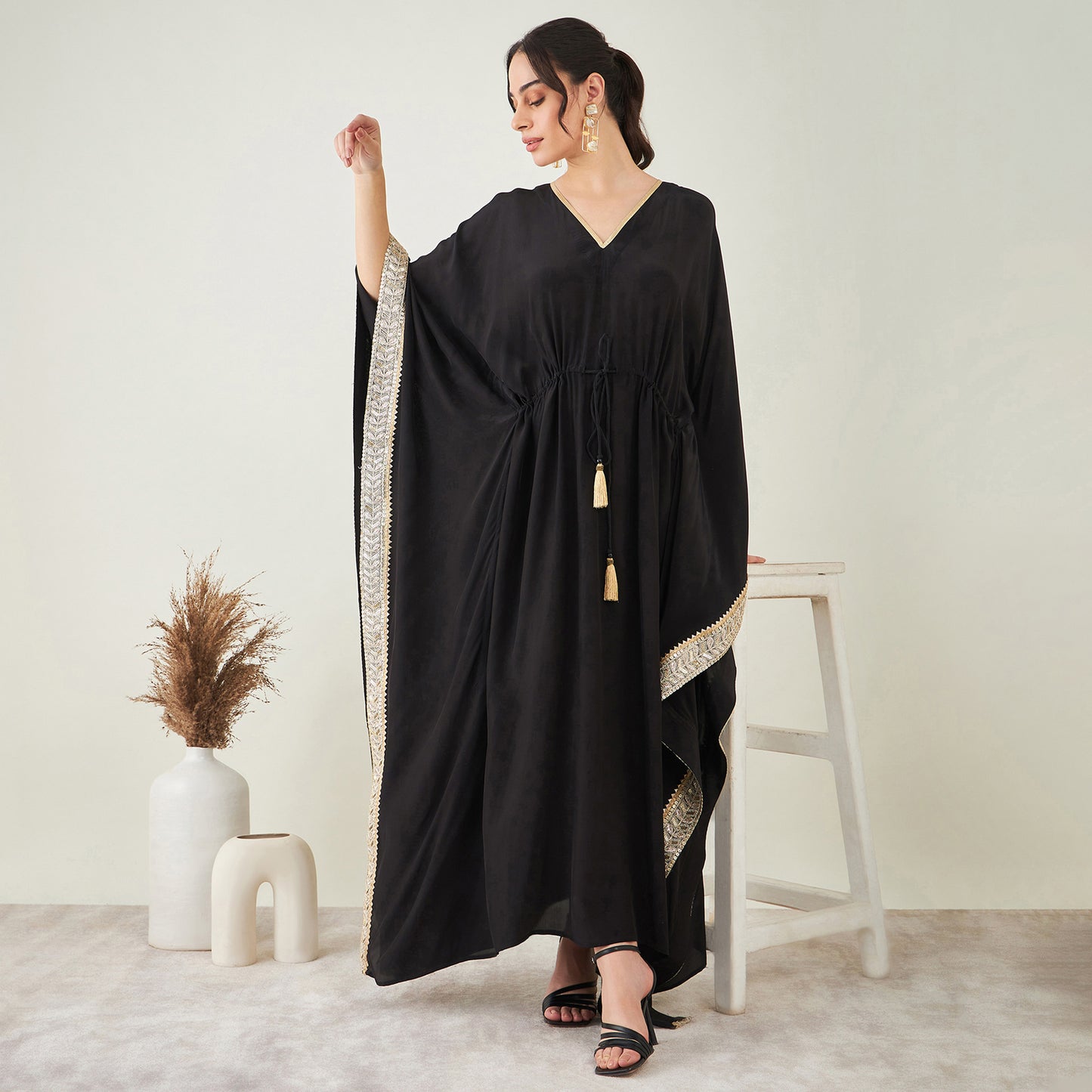 Black Full Length Kaftan with Gold Lace Detail