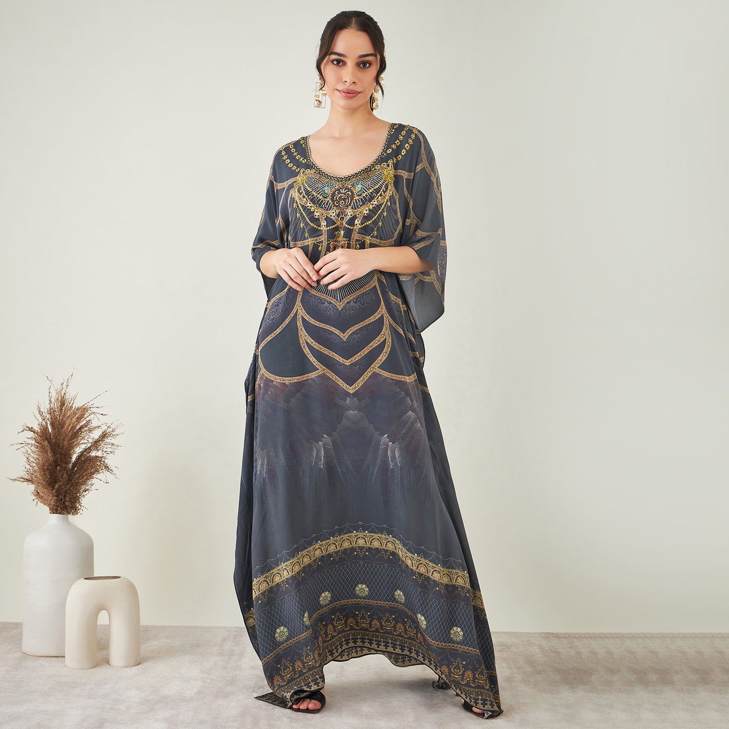 Grey and Gold Tribal Print Embellished Silk Full Length Kaftan