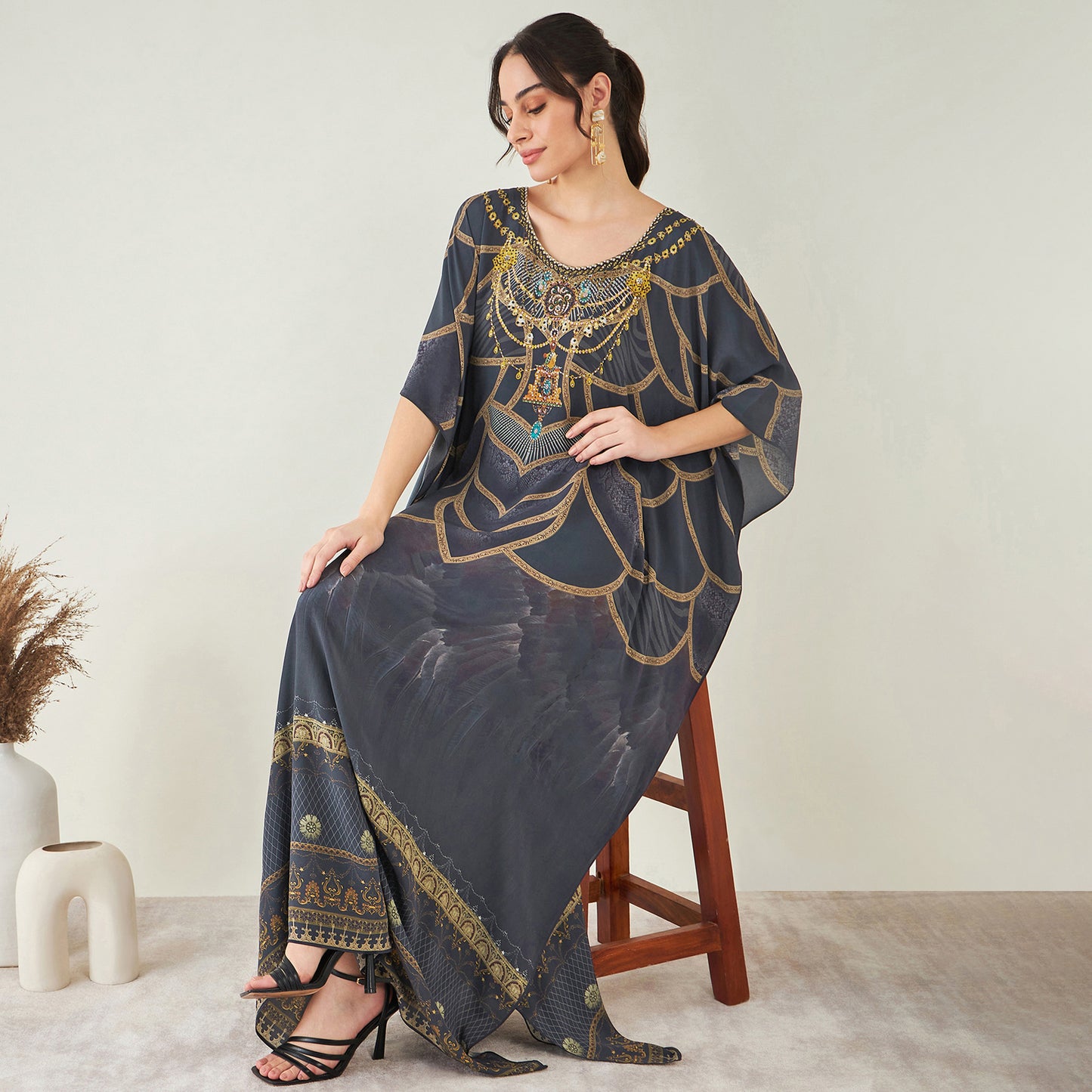 Grey and Gold Tribal Print Embellished Silk Full Length Kaftan