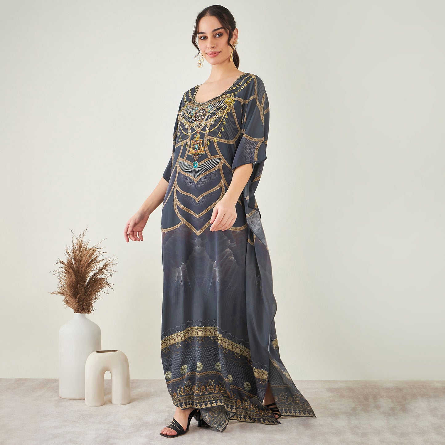 Grey and Gold Tribal Print Embellished Silk Full Length Kaftan