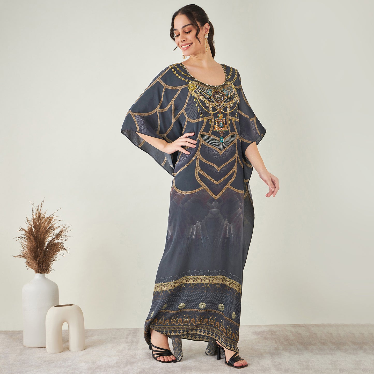 Grey and Gold Tribal Print Embellished Silk Full Length Kaftan