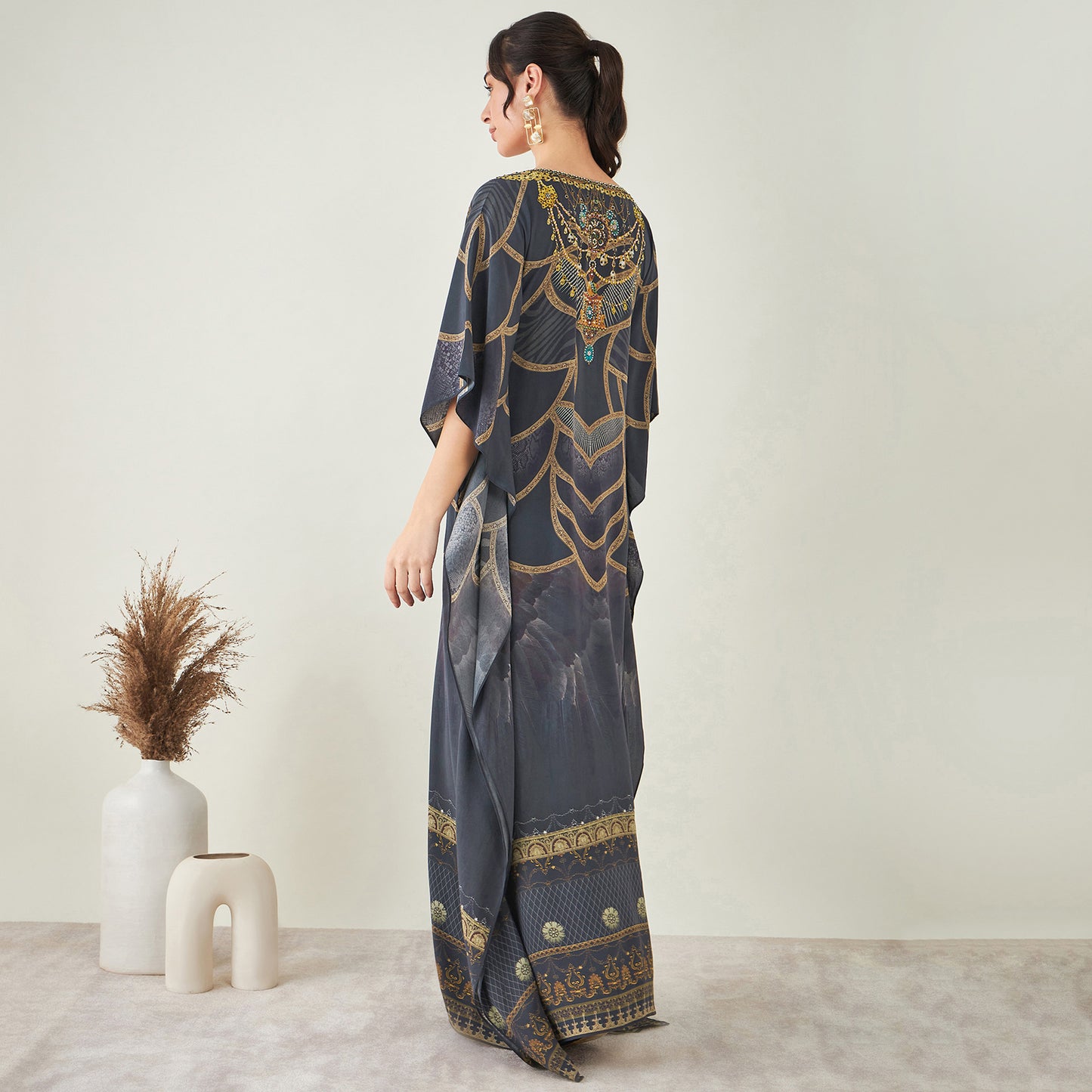 Grey and Gold Tribal Print Embellished Silk Full Length Kaftan