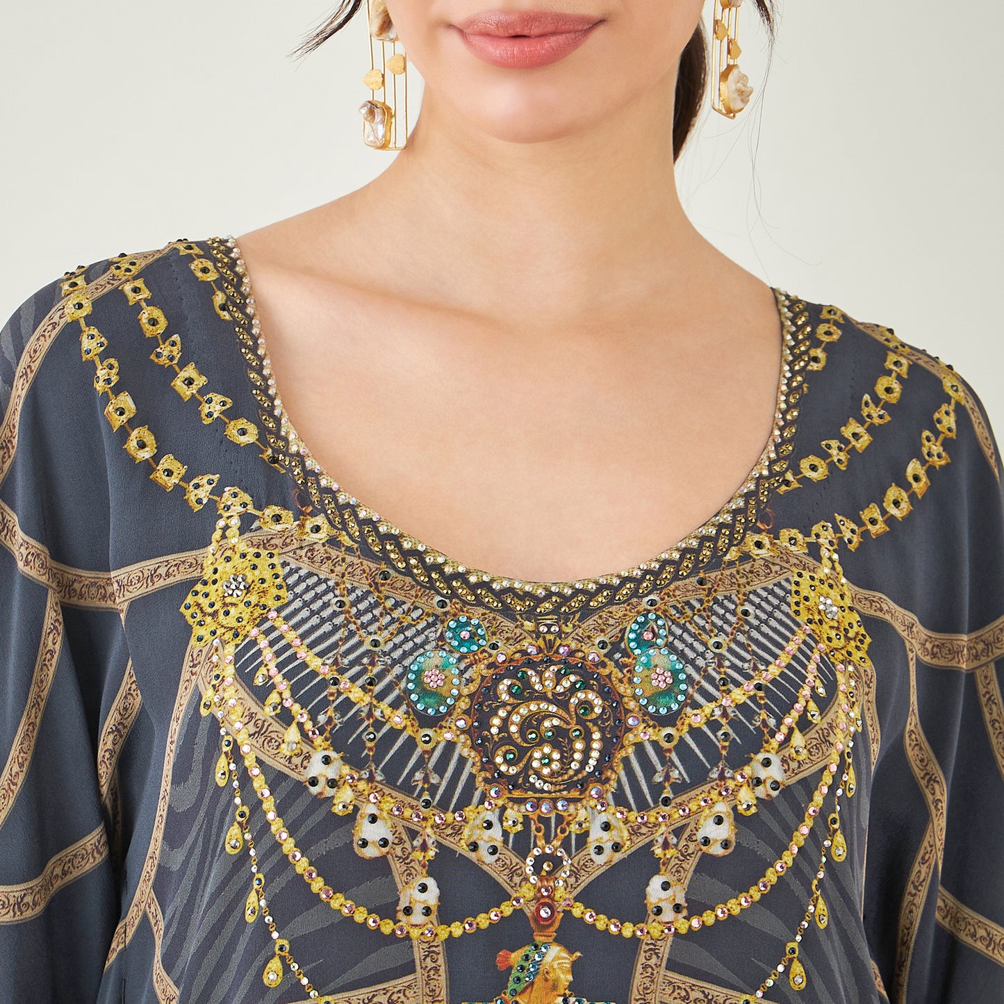 Grey and Gold Tribal Print Embellished Silk Full Length Kaftan