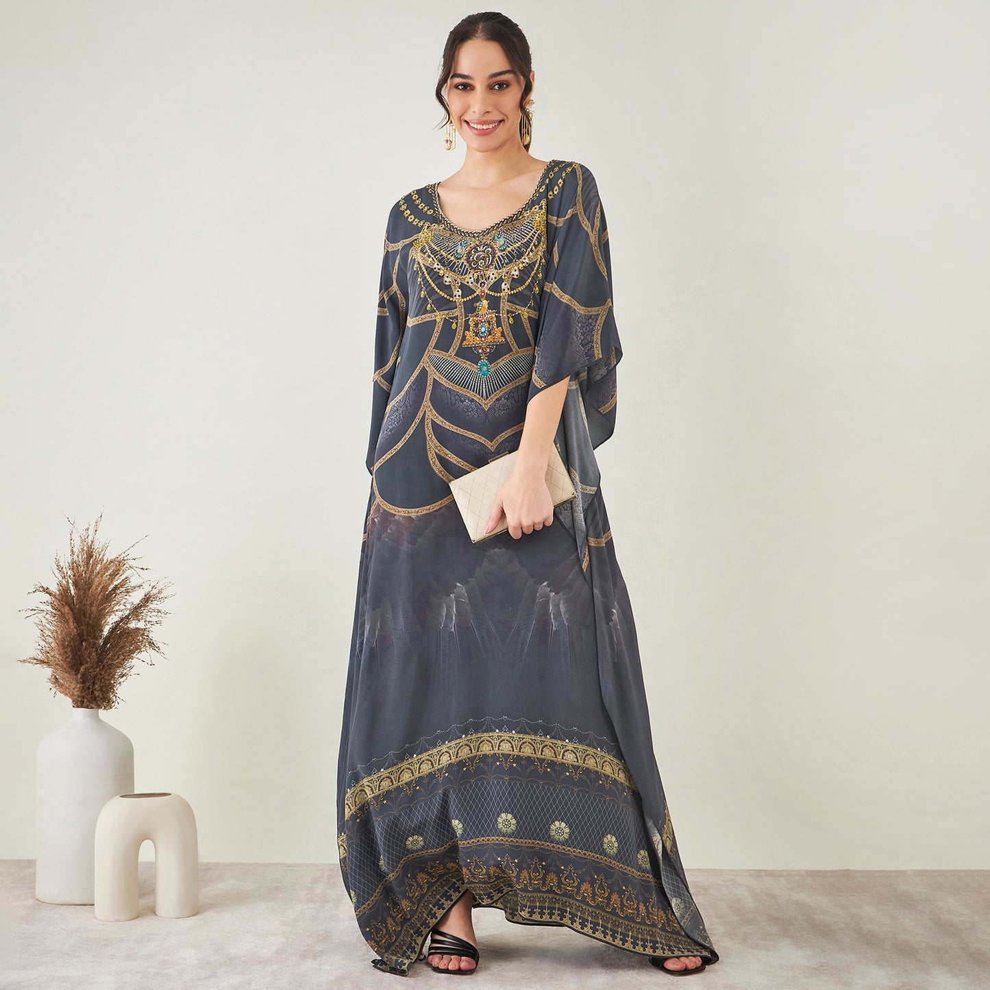 Grey and Gold Tribal Print Embellished Silk Full Length Kaftan