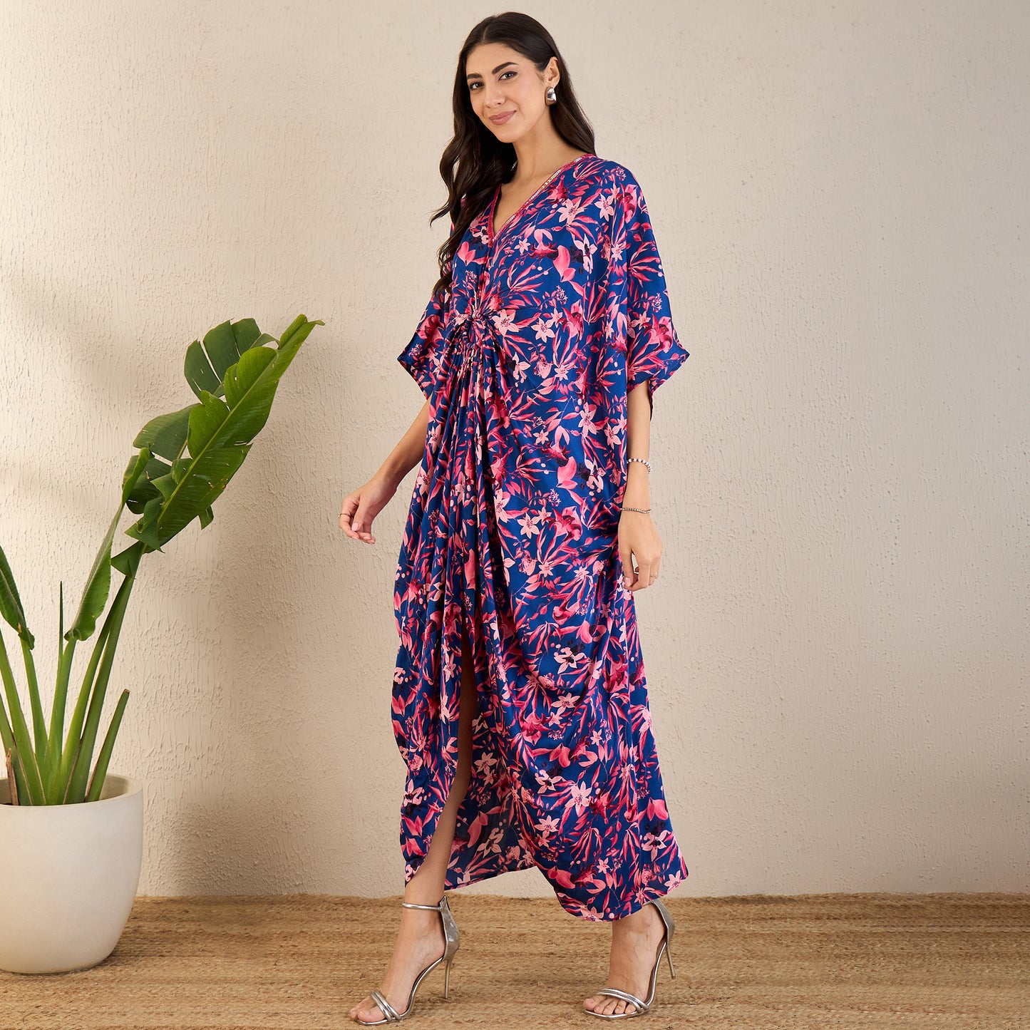 Midnight Blue and Scarlet Floral Full Length Kaftan