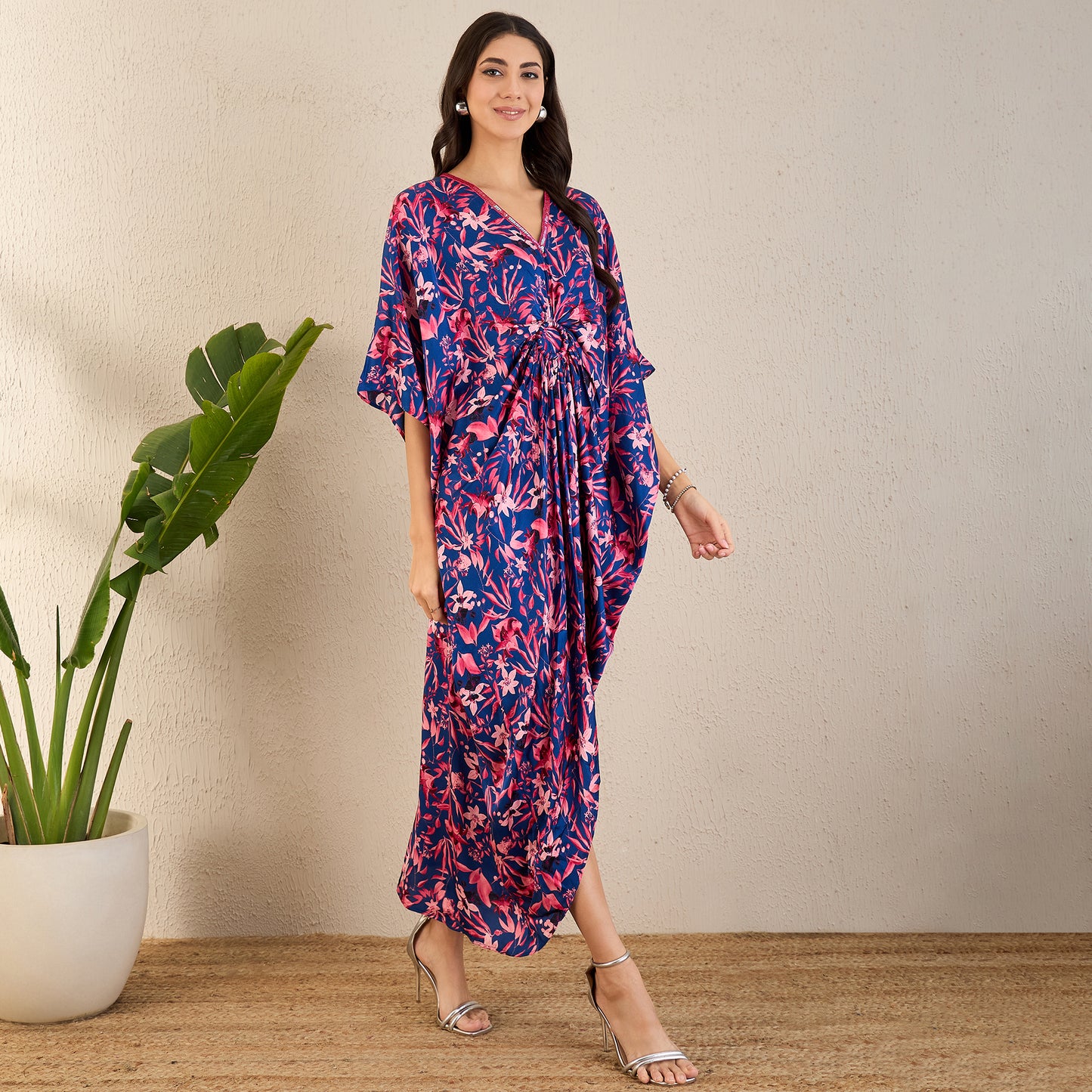 Midnight Blue and Scarlet Floral Full Length Kaftan