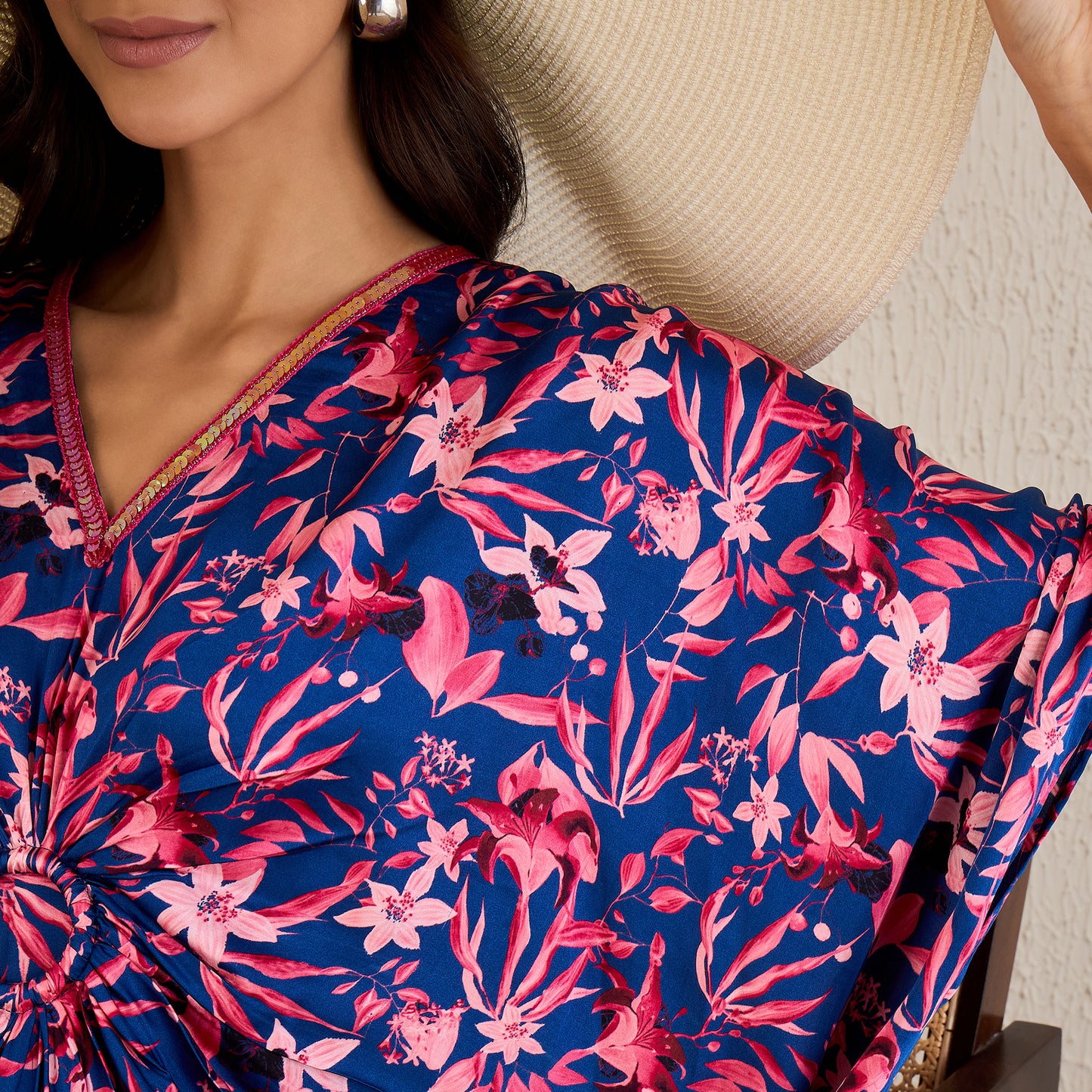 Midnight Blue and Scarlet Floral Full Length Kaftan