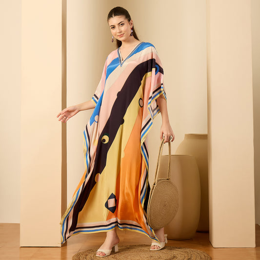 Pink and Orange Ripple Print Embellished Full Length Kaftan