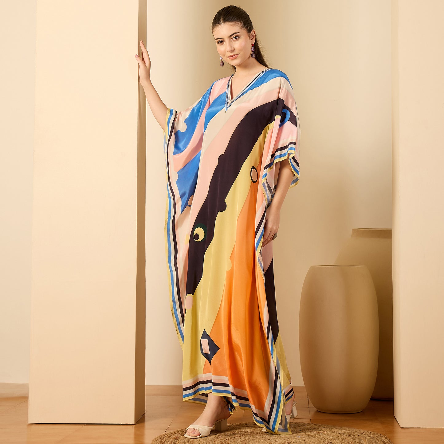 Pink and Orange Ripple Print Embellished Full Length Kaftan
