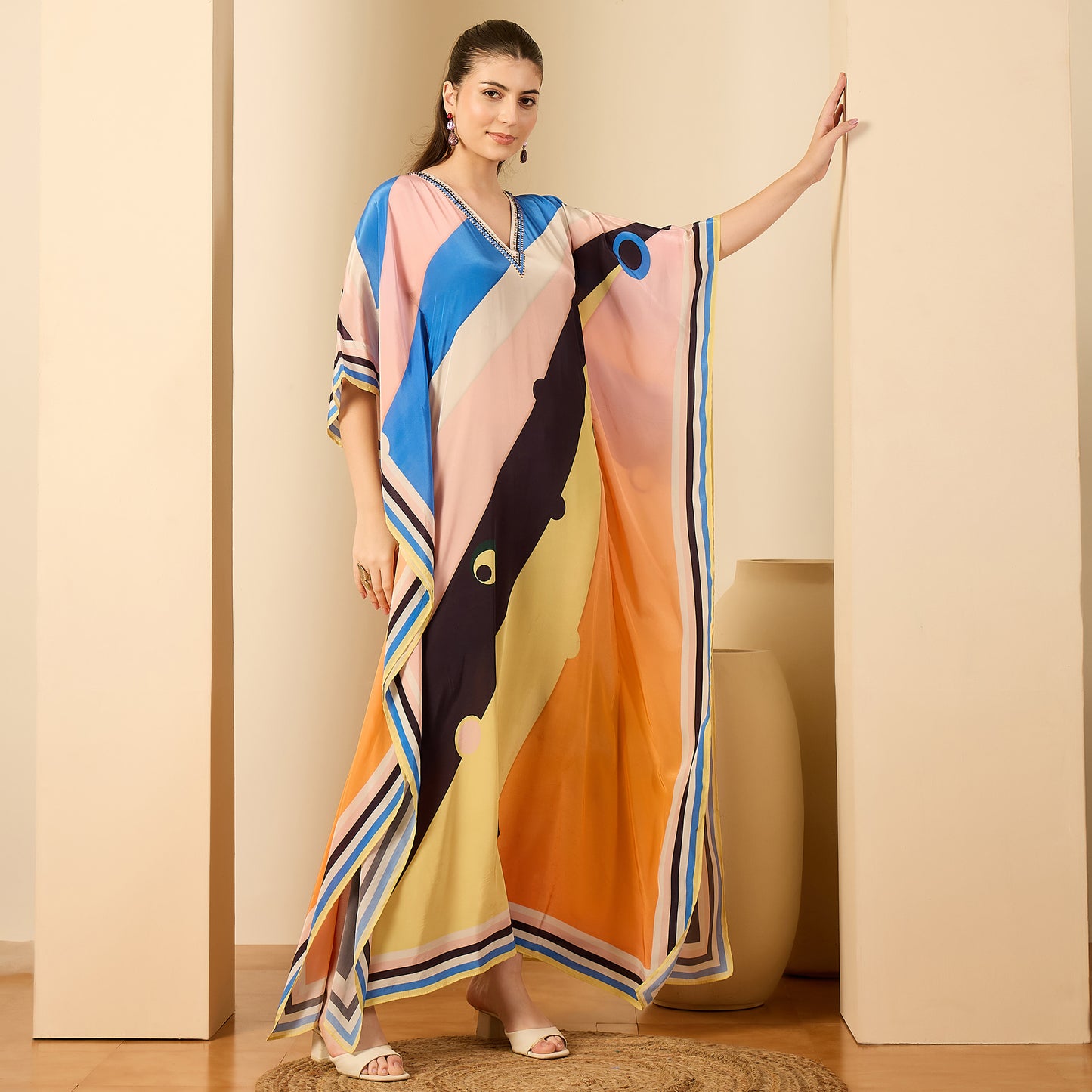 Pink and Orange Ripple Print Embellished Full Length Kaftan