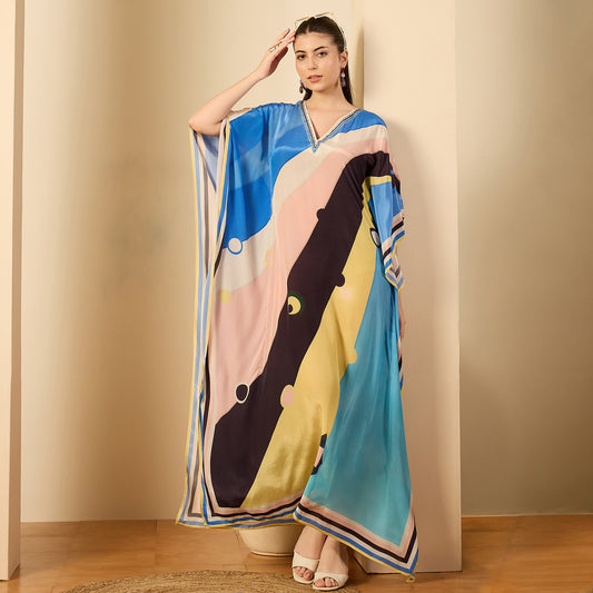 Pink and Yellow Ripple Print Embellished Full Length Kaftan