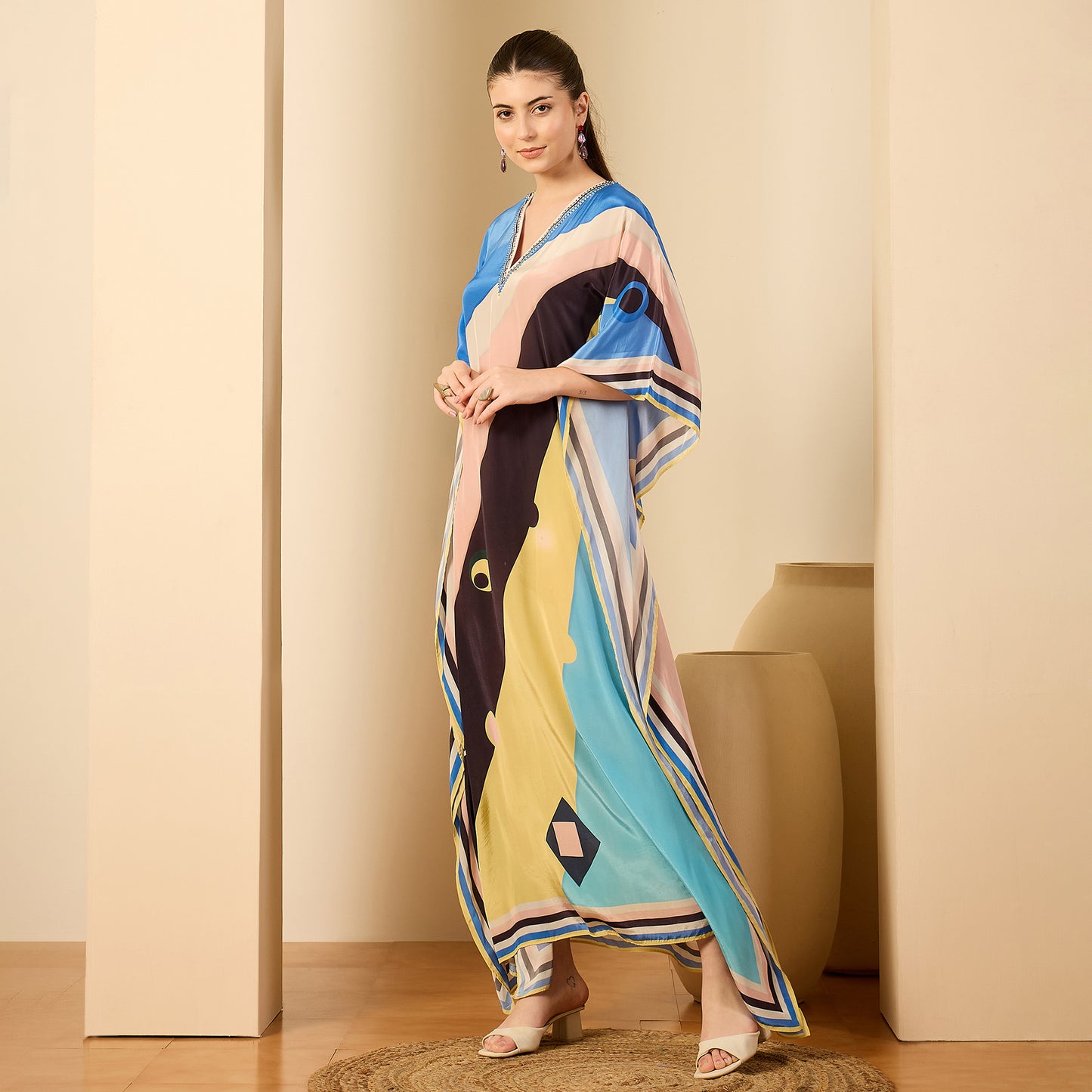 Pink and Yellow Ripple Print Embellished Full Length Kaftan