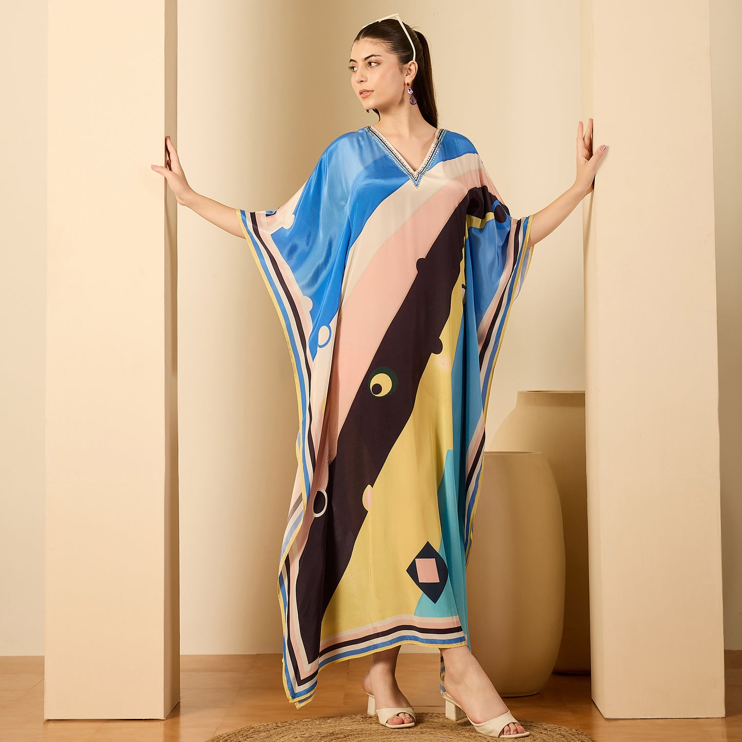 Pink and Yellow Ripple Print Embellished Full Length Kaftan