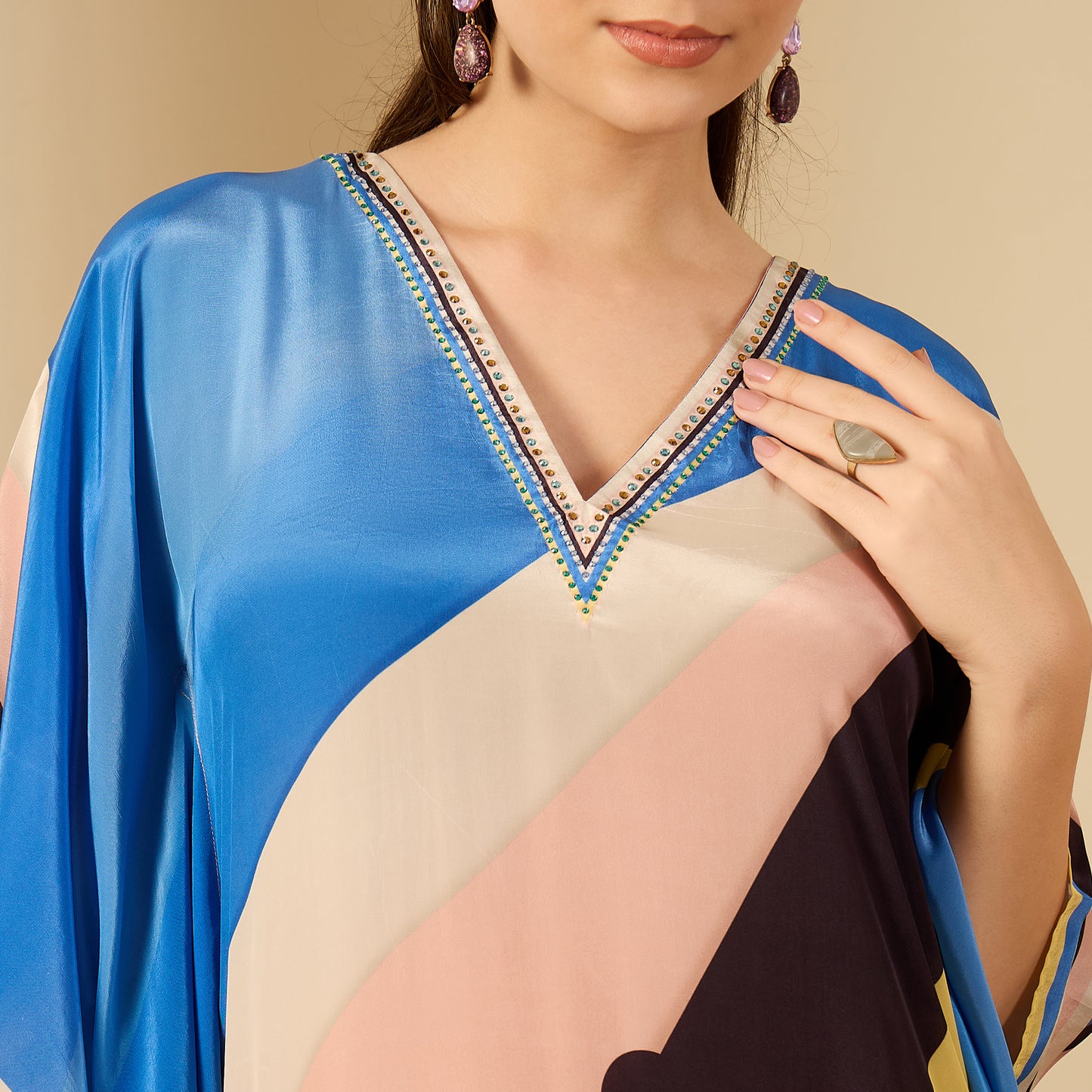 Pink and Yellow Ripple Print Embellished Full Length Kaftan