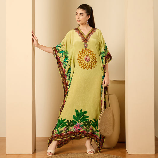 Light Green Tropical Jungle Animal Print Full Length Kaftan