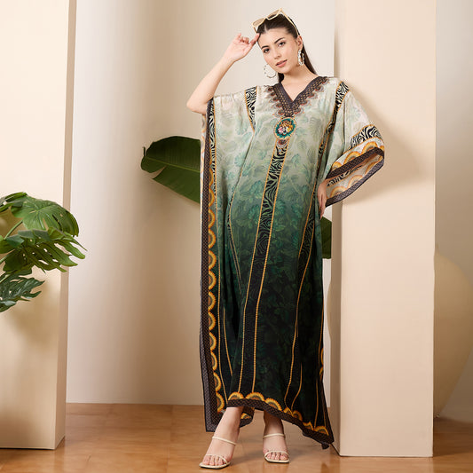 Green Tropical Tiger Stripes Printed Full Length Kaftan