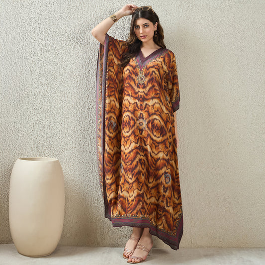 Brown Animal Jewel Print Full Length Kaftan