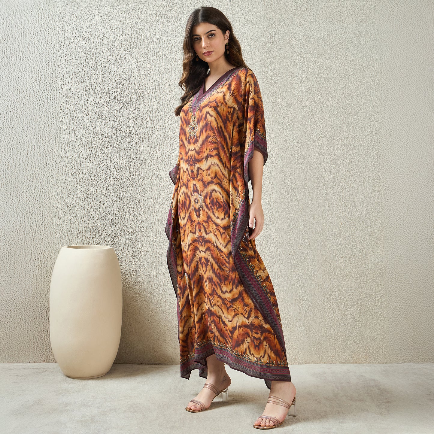 Brown Animal Jewel Print Full Length Kaftan