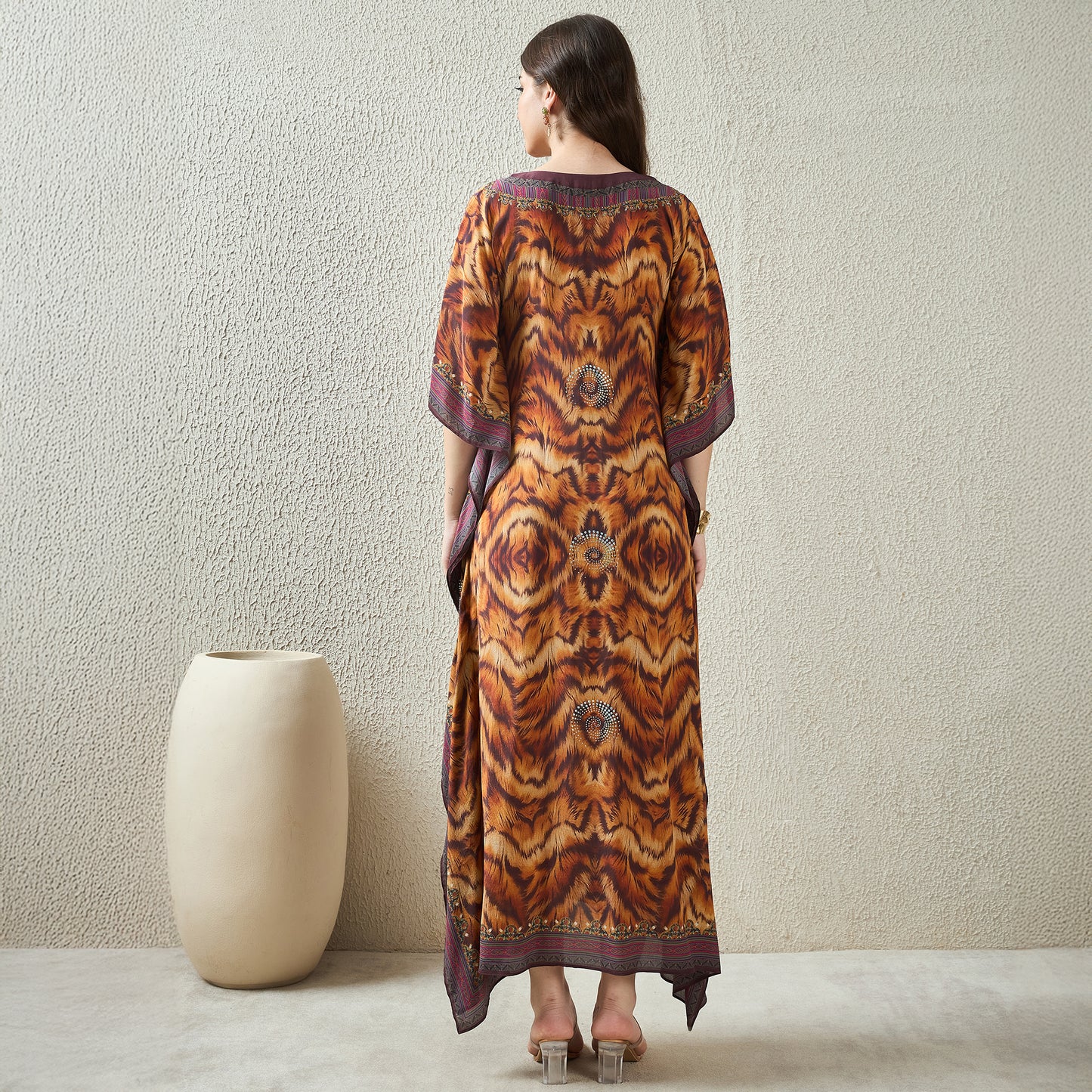 Brown Animal Jewel Print Full Length Kaftan