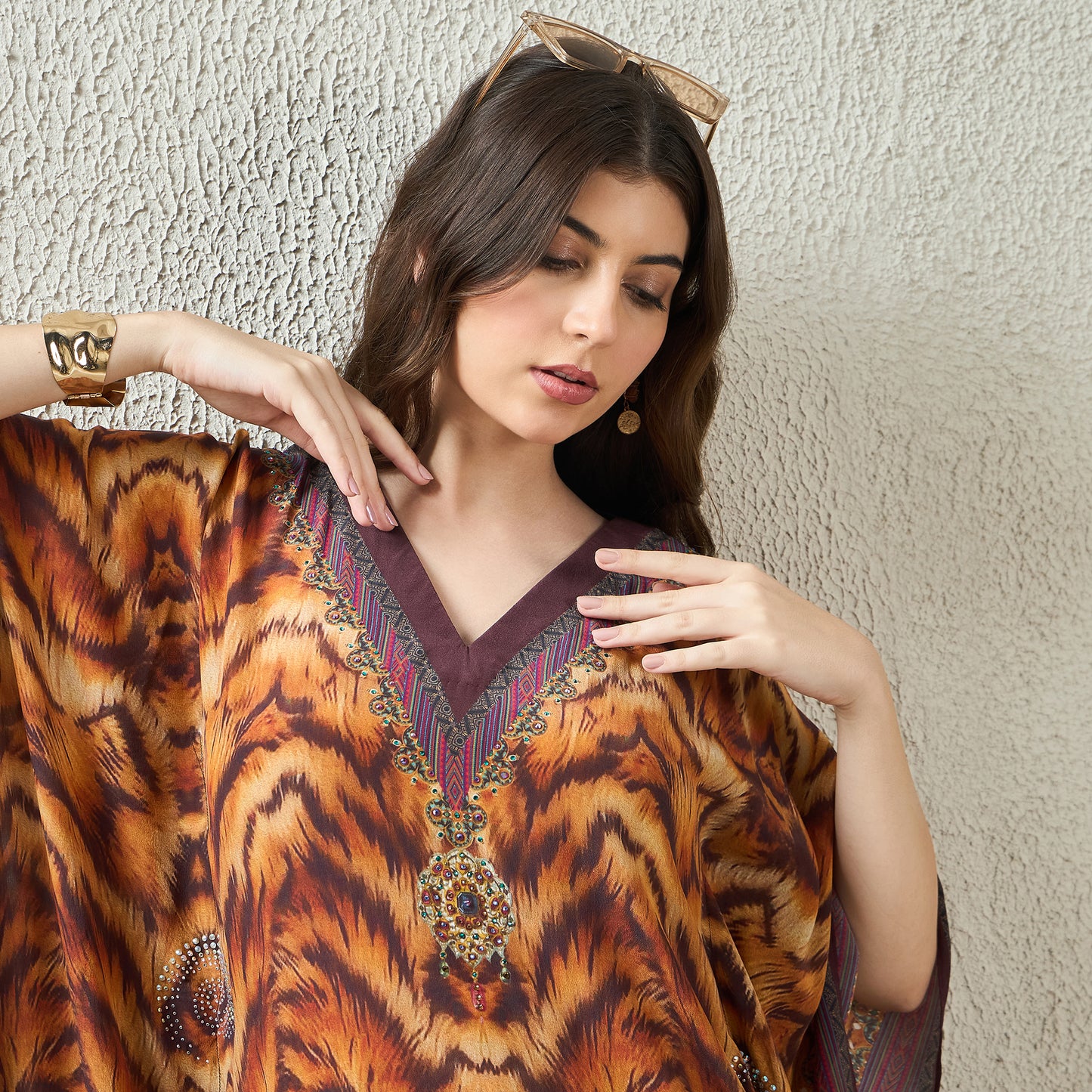 Brown Animal Jewel Print Full Length Kaftan
