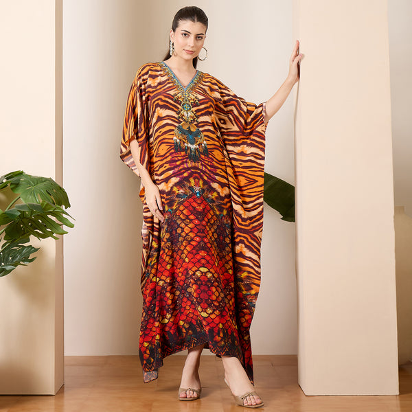 Brown And Orange Animal Print Kaftan for Women – Embellished | First Resort by Ramola Bachchan