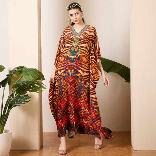 Brown and Orange Scallop Animal Print Full Length Kaftan