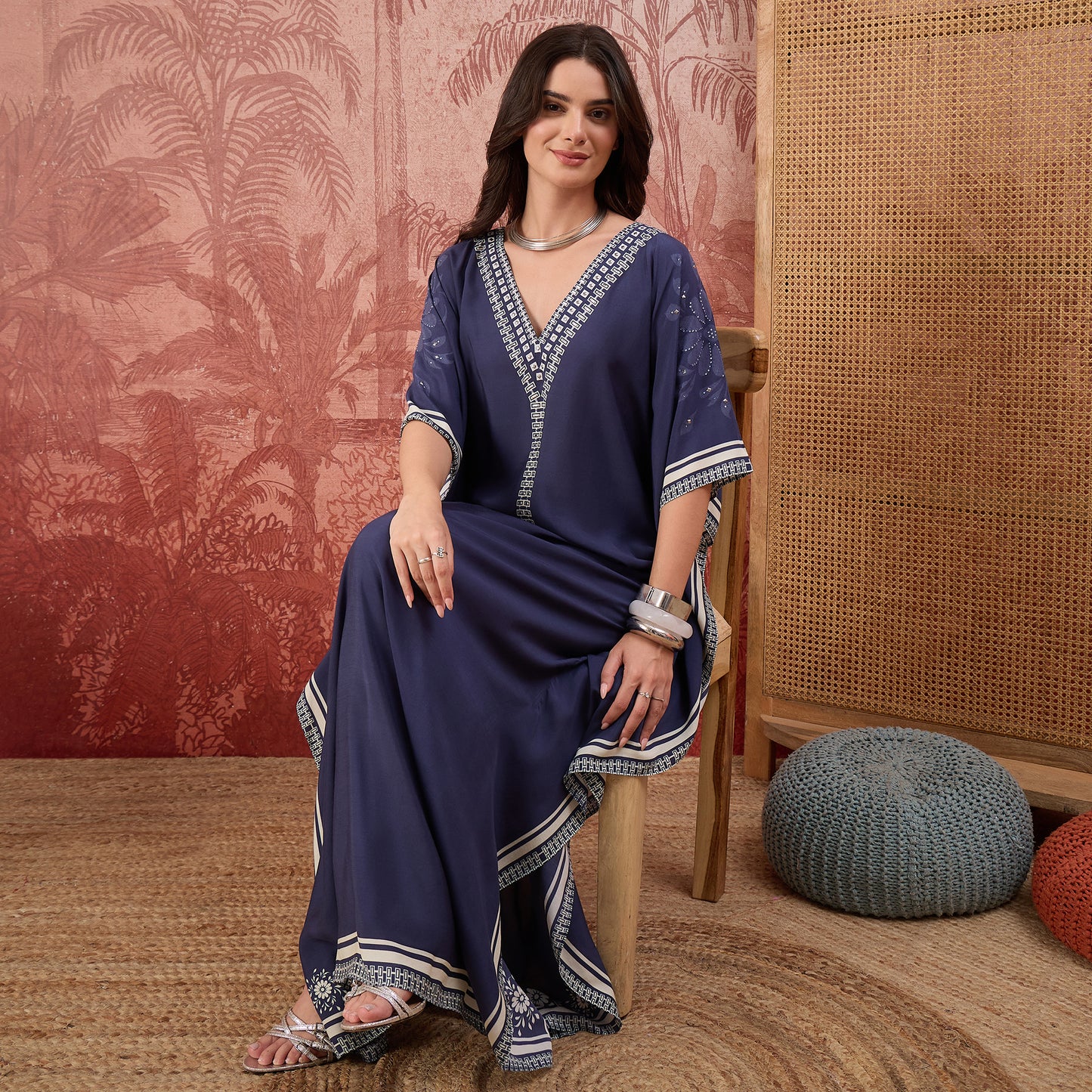 Navy Blue Bohemian Geometric Kaftan