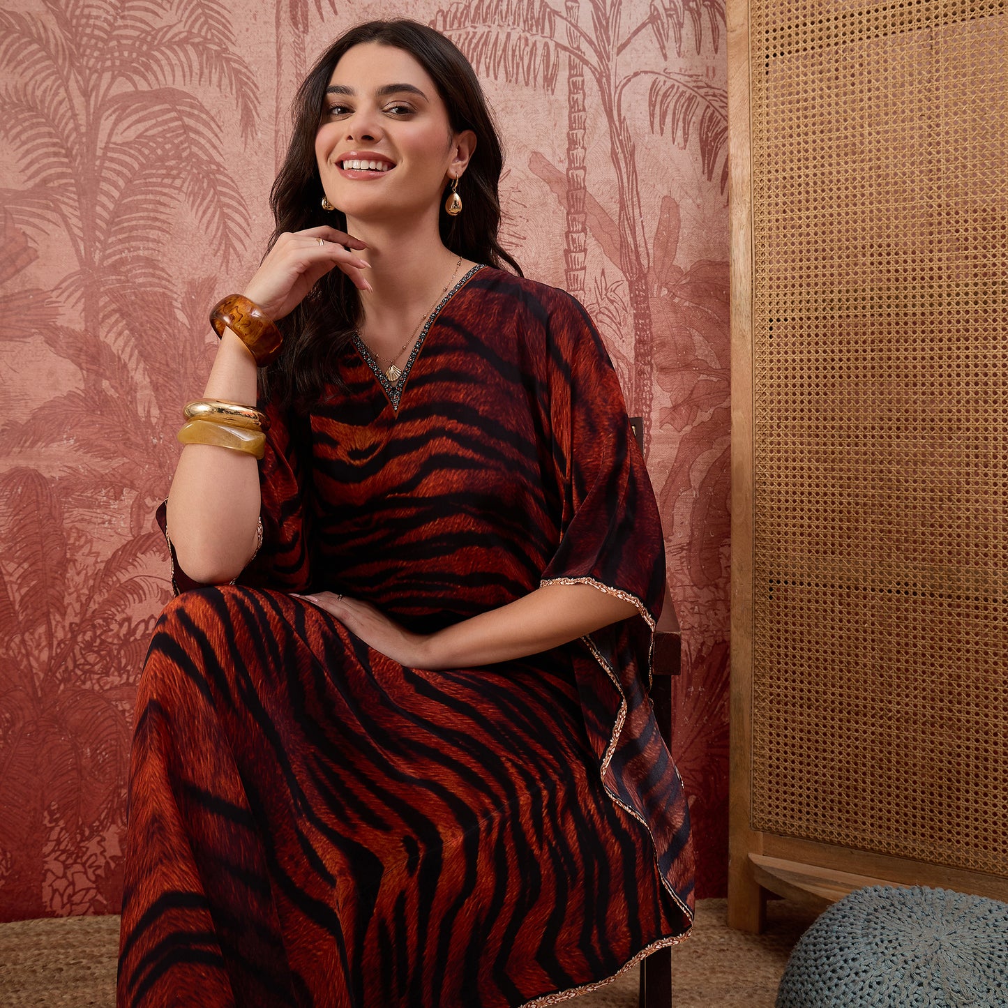Brown Tiger Print Embellished Full Length Kaftan