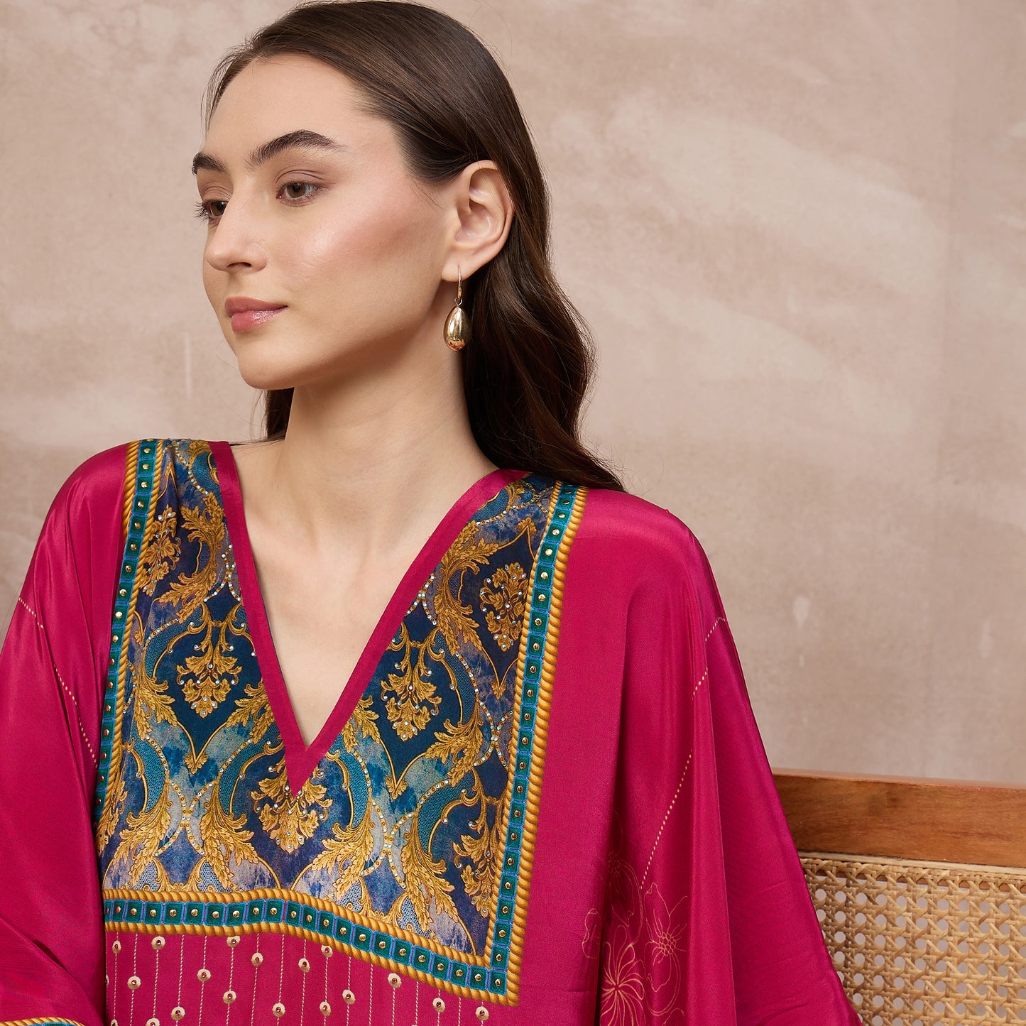 Magenta Floral Print Kaftan for Women – Viscose Crepe – Close Up | First Resort by Ramola Bachchan