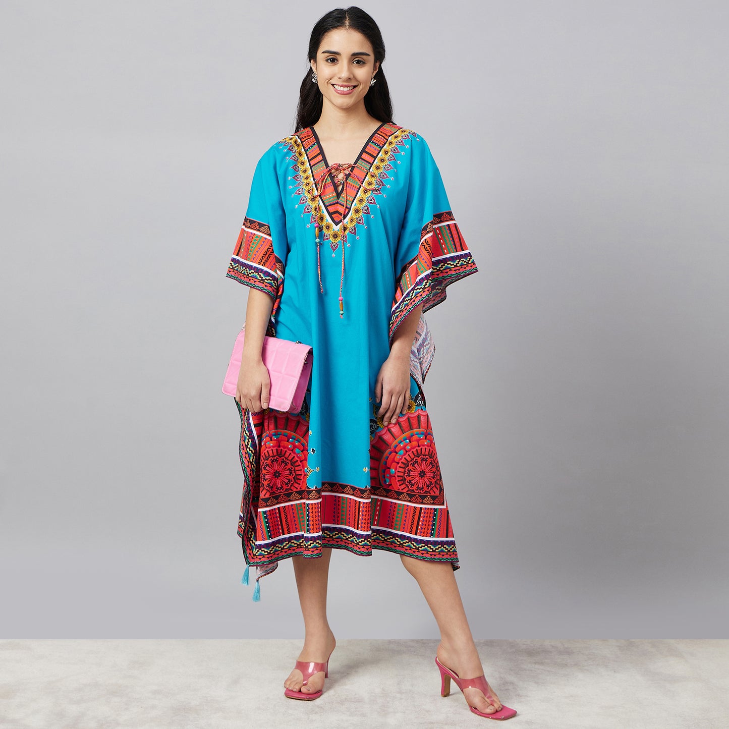 Sky Blue Tribal Mid Length Kaftan