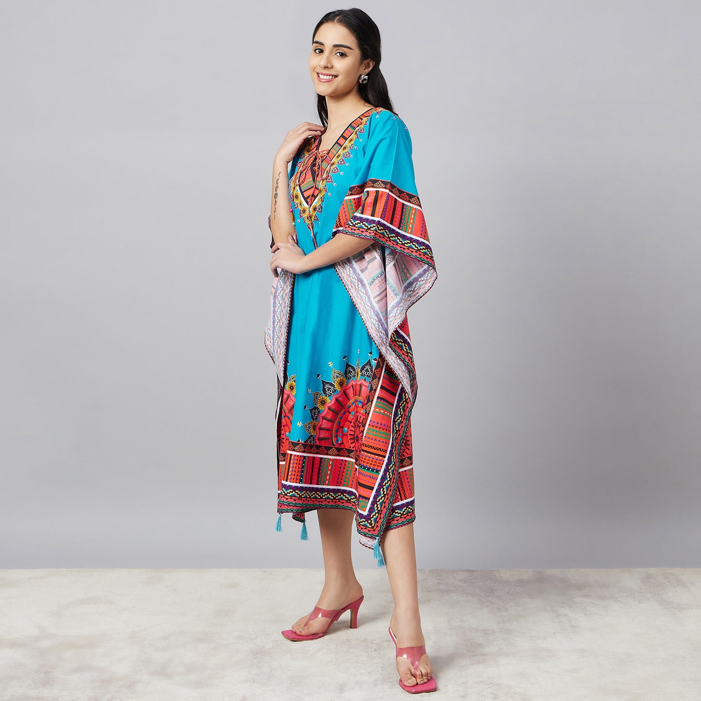 Sky Blue Tribal Mid Length Kaftan