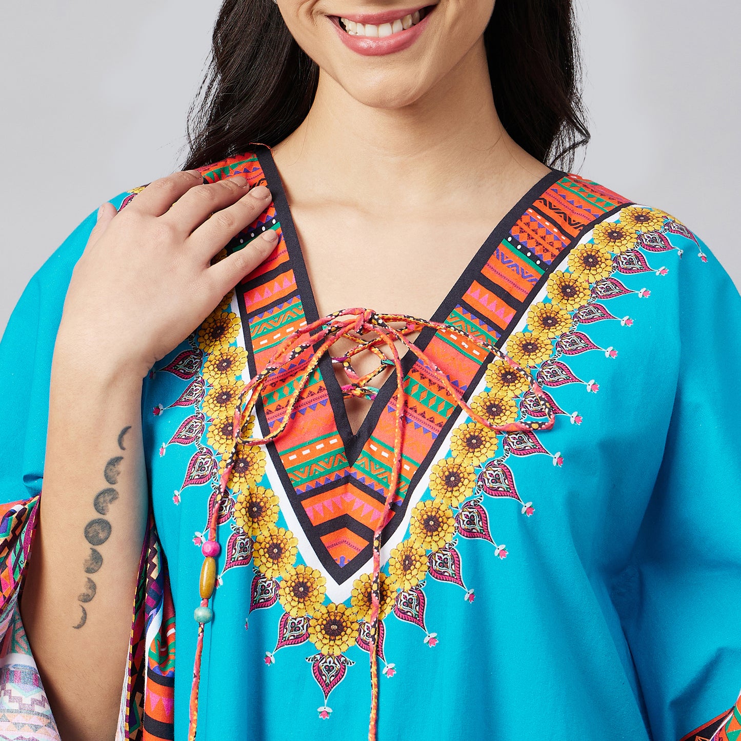 Sky Blue Tribal Mid Length Kaftan