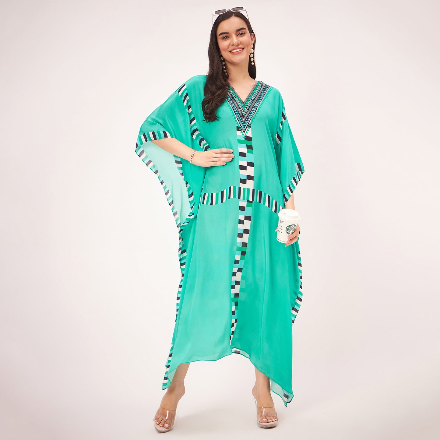 Green Geometric Mid Length Kaftan