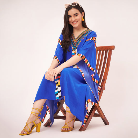 Navy Blue Geometric Mid Length Kaftan