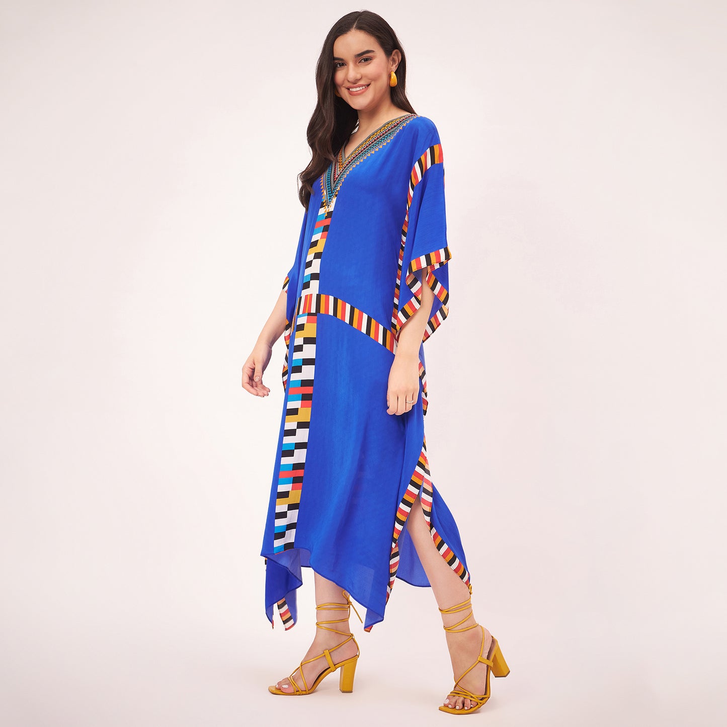 Navy Blue Geometric Mid Length Kaftan