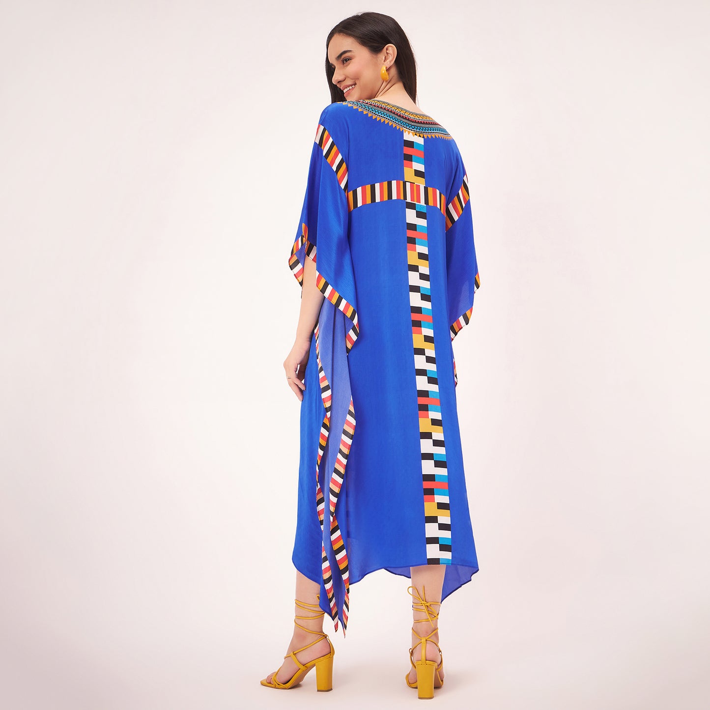 Navy Blue Geometric Mid Length Kaftan