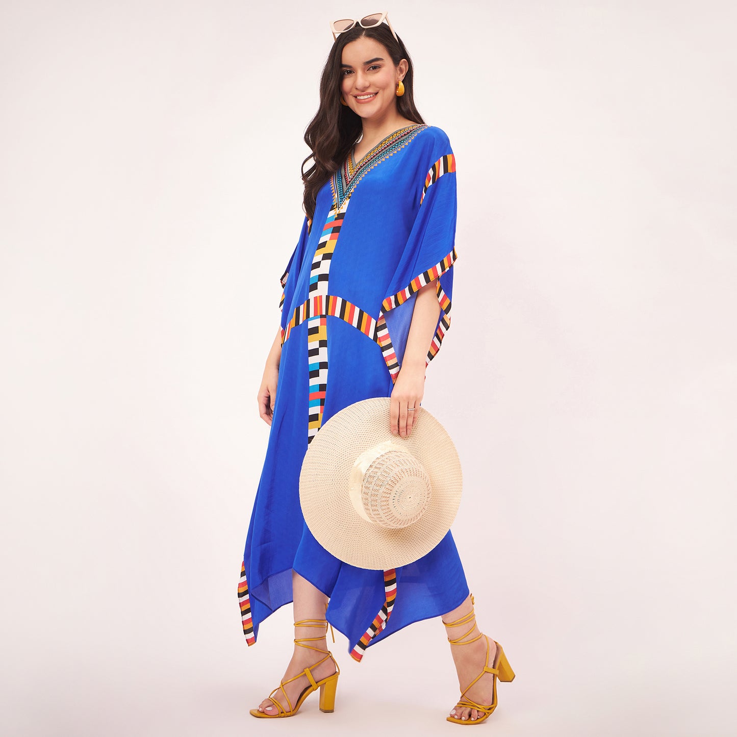 Navy Blue Geometric Mid Length Kaftan