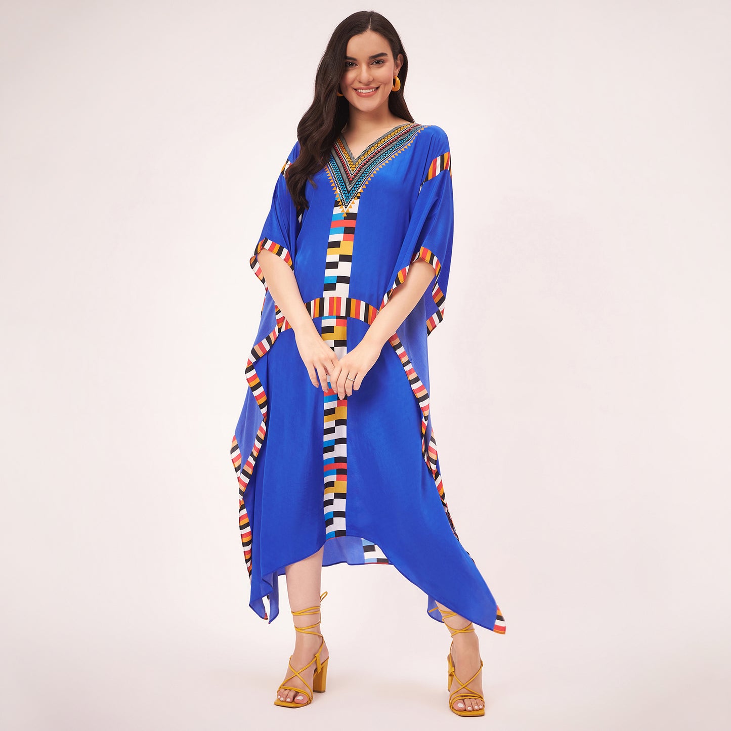 Navy Blue Geometric Mid Length Kaftan